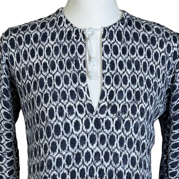 Loft Top Women Medium Tie Neck Cotton Knit Blouse Side Slits Blue White Tunic - Picture 4 of 11